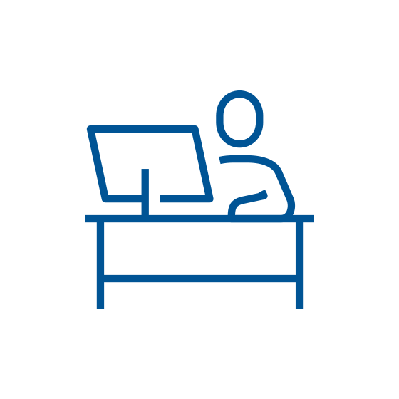 Blue icon of a person at a desk using a laptop