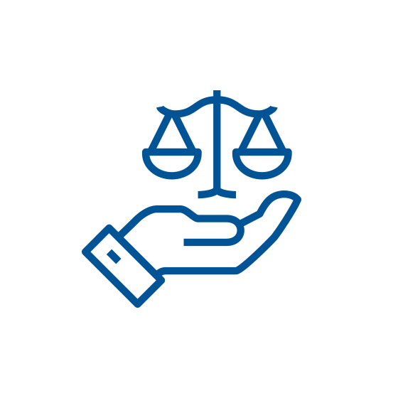 Blue icon of hand holding scales of justice