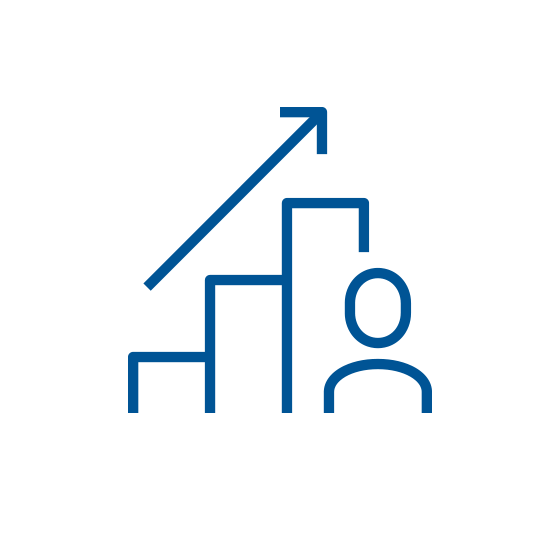 Blue icon of person in front of a graph with arrow going up