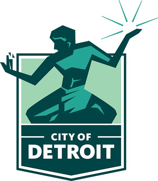 City of Detroit Logo - White sans-serif type inside vertical crest with illustration of a woman above