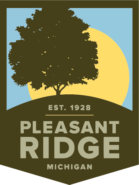 City of Pleasant Ridge Logo - Greige sans-serif type inside vertical crest with tree and sun illustration above