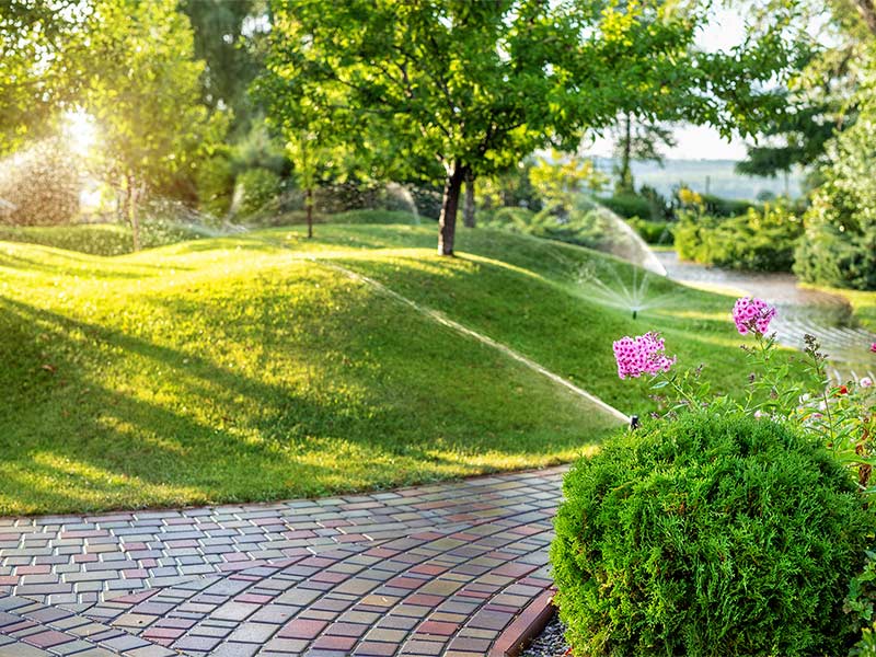 Photo of sprinklers watering grounds