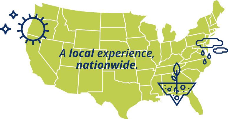 Illustration of United States map in green with dark blue weather icons and text overlaying